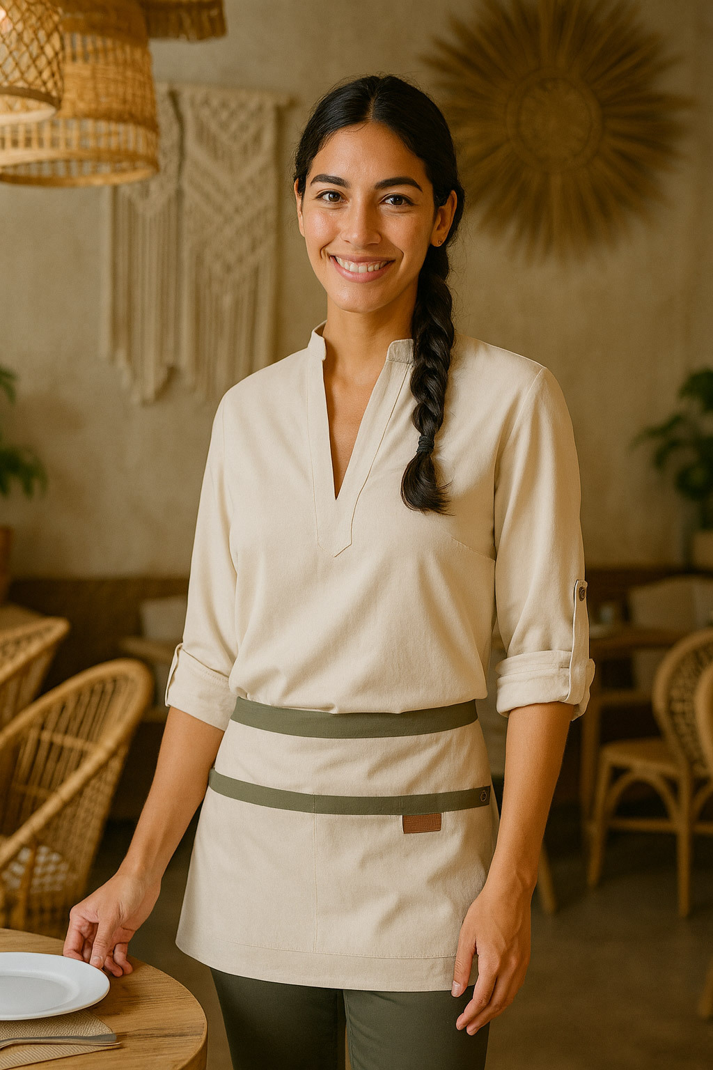 Chica con uniforme en tonos cálido para recepción